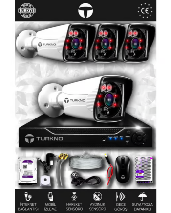TURKNO 4 Kameralı Karia 4 Dış Kamera Set 250 GB HDD Full HD Gece Görüşlü