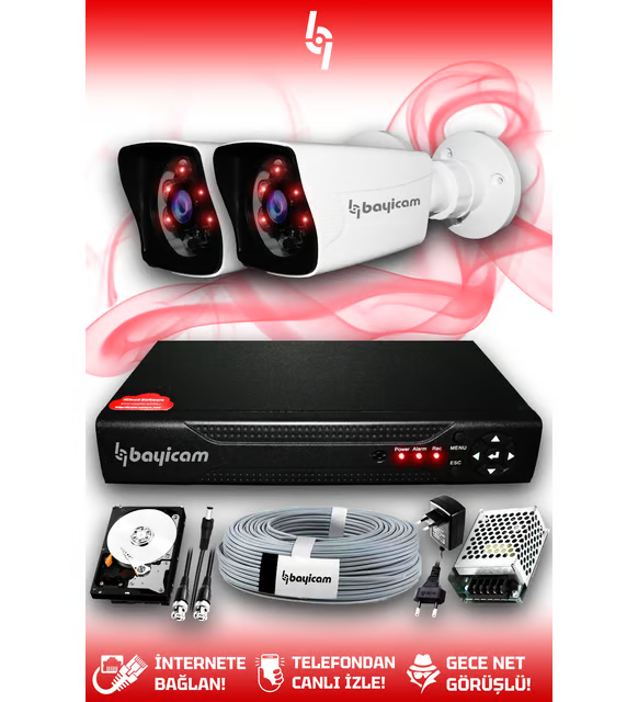 BAYICAM 2 Kameralı Kare 2 Dış Kamera Set 250 GB HDD Full HD Gece Görüşlü