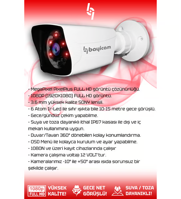 BAYICAM 2 Kameralı Kare 2 Dış Kamera Set 250 GB HDD Full HD Gece Görüşlü