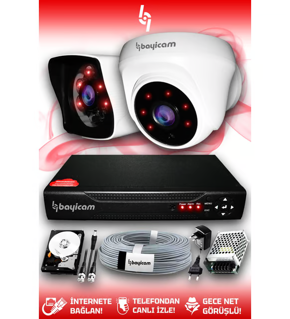 BAYICAM 2 Kameralı Kare 1 İç Kamera Set 320 GB HDD Full HD Gece Görüşlü